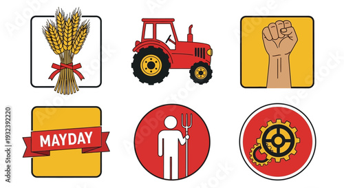 Mayday Symbols: Tractor, Wheat, Fist, Pitchfork, Gears, Labor Day