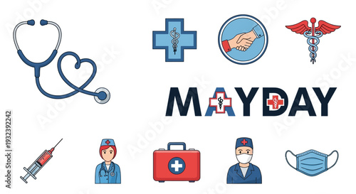Medical Icons and Mayday Text: Healthcare, Emergency, and Professionals