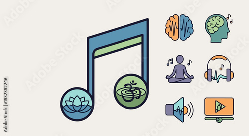 Meditation Music Icons: Lotus, Om, Brain, Yoga, Headphones