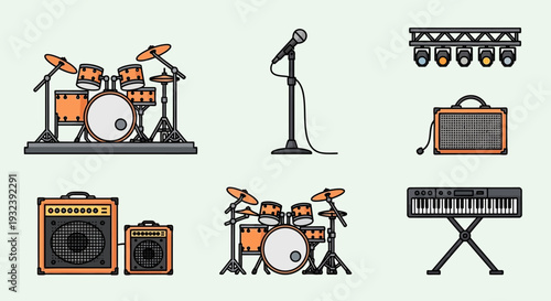 Music Band Equipment Icons: Drums, Keyboard, Microphone, Amp, Lights