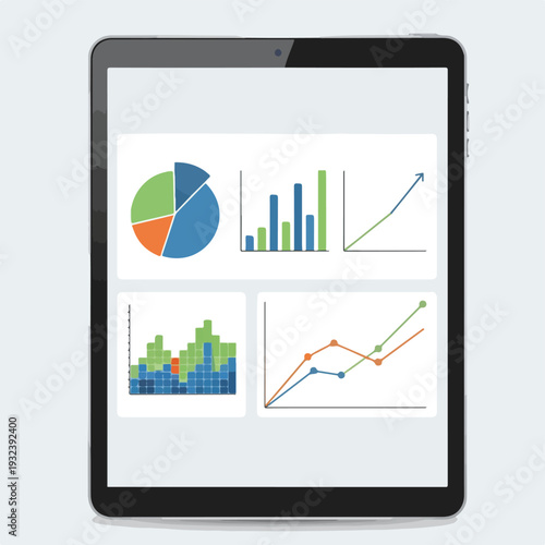 A tablet showing four different data charts with various colors