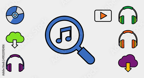 Music Search Icons: Magnifying Glass, Headphones, CD, Cloud Download
