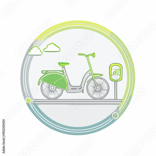 Eco-friendly electric scooter parked at charging station with clouds and green leaves symbol for sustainability