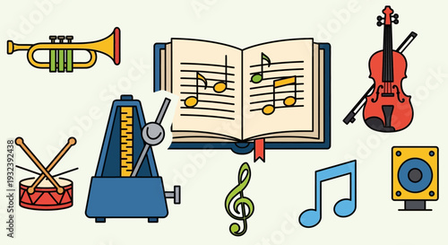 Musical Instruments and Sheet Music Collection - Vector Illustration
