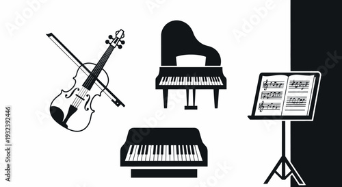 Musical Instruments Icons: Violin, Grand Piano, Keyboard, Music Stand