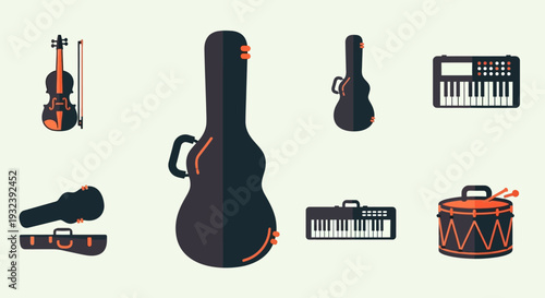 Musical Instruments and Cases Flat Design Icons Set