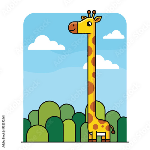 A tall cartoon giraffe smiles with clouds and green hills in background