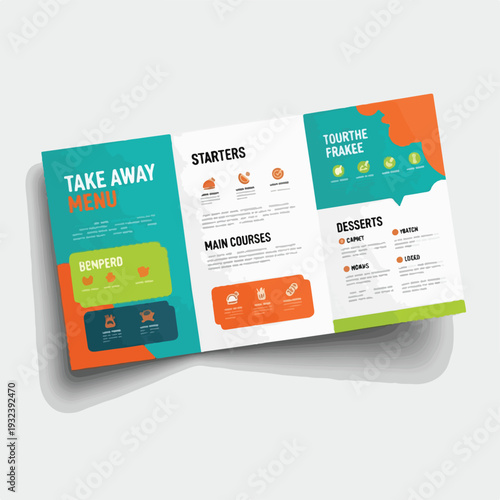 A take-away menu design on a white background with colorful sections