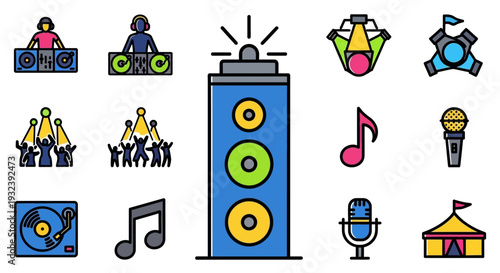 Party Icons: DJ, Speaker, Microphone, Music Notes, Disco Ball, Tent