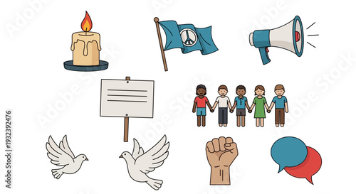 Peace Symbols and Activism Icons: Candle, Dove, Flag, Megaphone, Unity
