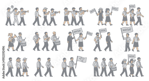 People Marching in Parade with Flags and Instruments - May Day Celebration