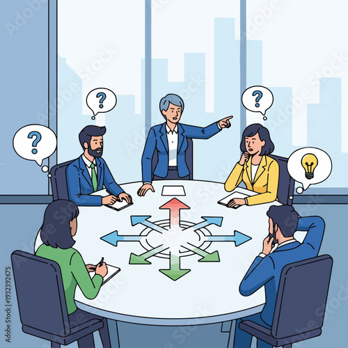 A team brainstorms around a table with arrows, question marks, and lightbulb