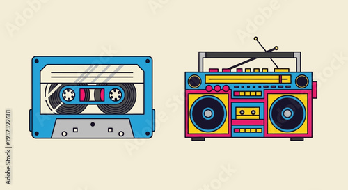 Retro Cassette Tape and Boombox, Vintage Music Player Icon