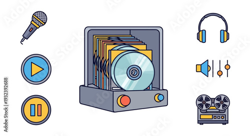 Retro Music Collection: Vinyl Records, CD Player, Microphone, Headphones, Reel-to-Reel