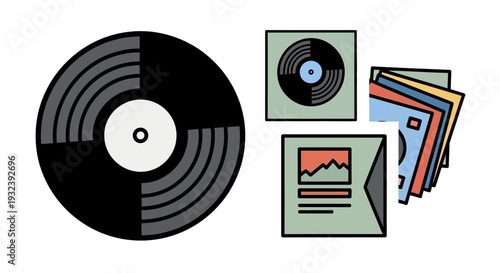 Retro Vinyl Records Collection and Album Art Illustration