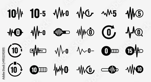 Sound Wave Icons Set: Audio Frequency, Volume, Timer, Countdown Graphics