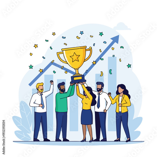A team celebrates success holding a trophy with financial growth in the background