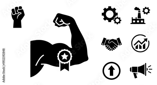 Strength and Success Icons: Flexing Bicep, Gears, Handshake, Growth Chart, Megaphone