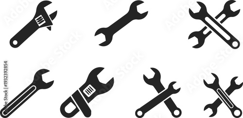Black icons set of various wrenches and spanners including adjustable and crossed tools isolated on white background for repair, maintenance, design