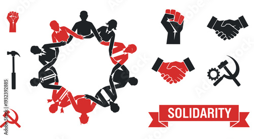 Teamwork and Solidarity Concept: People Circle, Fist, Hammer, Shaking Hands