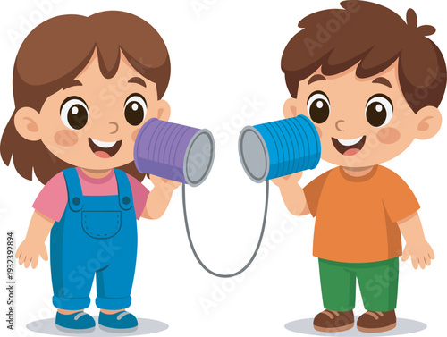 Cute kids playing tin can telephone communication concept colorful cartoon vector illustration isolated on white background