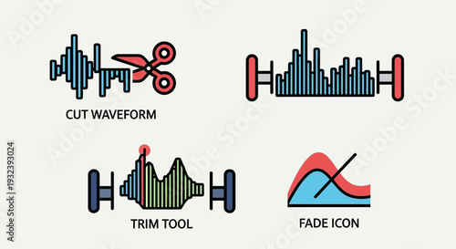 Audio Editing Icons: Cut, Trim, Fade, Sound Waveform