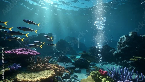 Vibrant Coral Reef Underwater Scene with Tropical Fish Swimming in Sunlit Ocean Water
