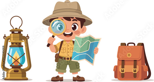 Cute little explorer boy with magnifying glass and map, cartoon adventure child vector illustration isolated