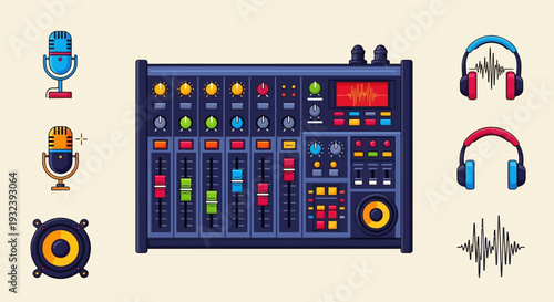 Audio Mixer, Microphones, Headphones, Speaker, Sound Waves Icons
