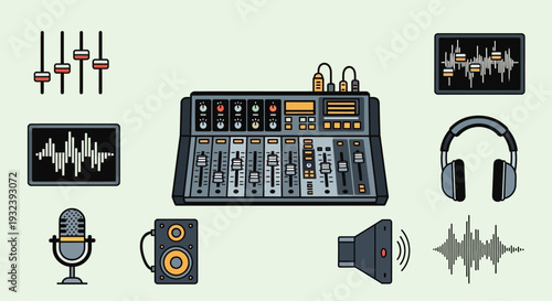 Audio Production Equipment Icons: Sound Mixer, Microphone, Headphones, Speakers