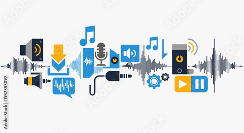 Audio wave and sound icons, podcasting, music, technology, digital concept