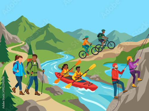 people engaging outdoor adventure activities illustration lifestyle