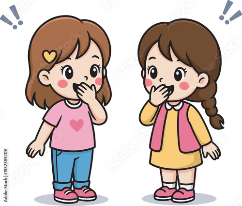 Cute little girls whispering secret gossip, adorable cartoon children characters vector illustration isolated on white background