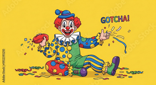 Colorful clown sitting on floor with confetti and balloons surprised expression party theme