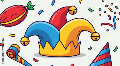 Colorful jester's hat surrounded by party elements confetti and noisemakers on a white background vibrant festive atmosphere
