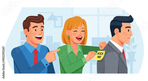 Business colleagues in office setting with woman pinning 'hire me' badge on man symbolizing job recommendation and career opportunity