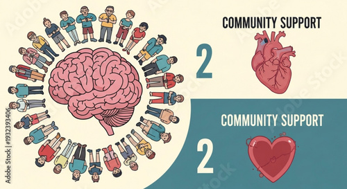 Community support concept with brain heart and people icons in flat design representing unity and care