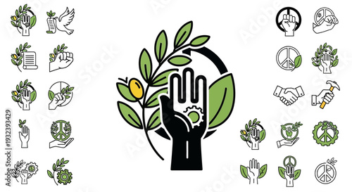 Eco-friendly symbols with hand, olive branch, gears, peace sign, dove