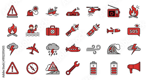Emergency and Disaster Icons: Rescue, Safety, Warning, and Alert Symbols