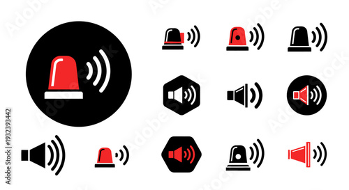 Emergency Siren and Sound Wave Icons Set - Alert, Alarm, Notification