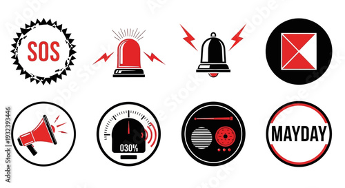 Emergency Icons: SOS, Alarm, Bell, Megaphone, Danger, Mayday, Radio