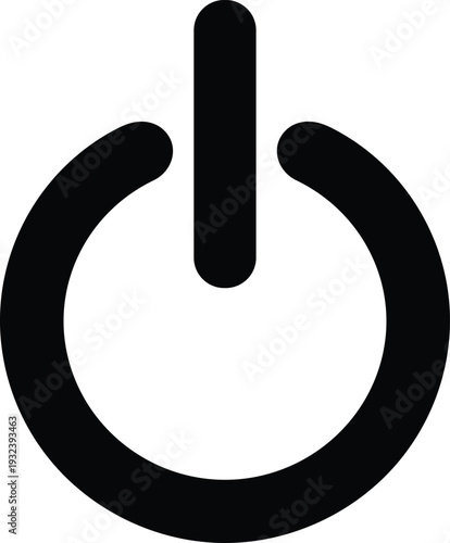 Black power button icon isolated on white background for technology, electronic device, start, standby, energy, system, computer, and interface design