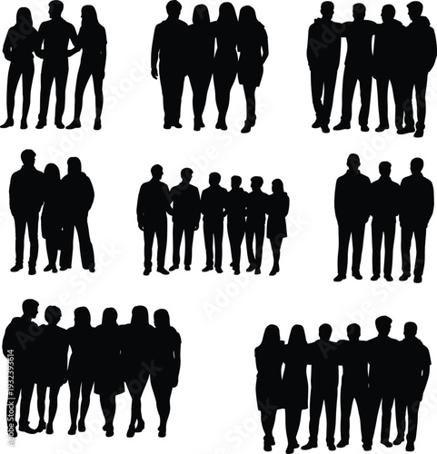 Collection of diverse people group silhouettes in various team formations isolated on white background, business and community crowd outline set for design