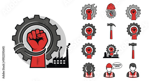 Industrial Revolution Icon Set: Fist, Gear, Factory, Worker Symbols