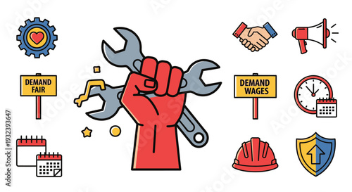 Labor Day Icons: Fist with Wrench, Demand Fair Wages, Handshake, Megaphone