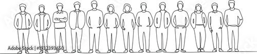 Continuous line drawing of diverse business people standing in a row, men and women outline illustration isolated on white background for teamwork concept