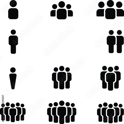 Black people and user icon collection showing single person, team and crowd silhouettes in flat design isolated on white background for interface use