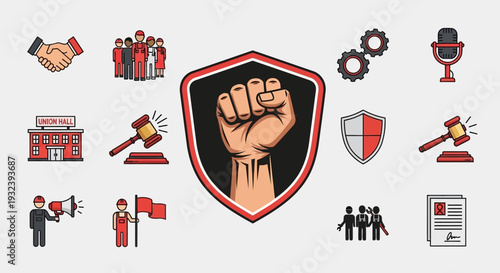 Labor Rights and Union Icons: Fist, Gavel, Shield, People, Building