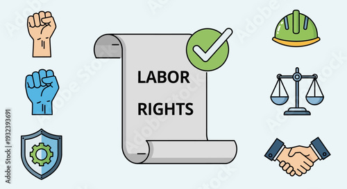 Labor Rights Concept: Document with Checkmark, Fist, Scale, Hard Hat, Shield, Handshake