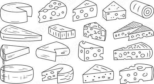 Cheese Assortment Outline Vector Collection, Various Dairy Slices Wedges and Wheels, Black Line Illustration Isolated Background